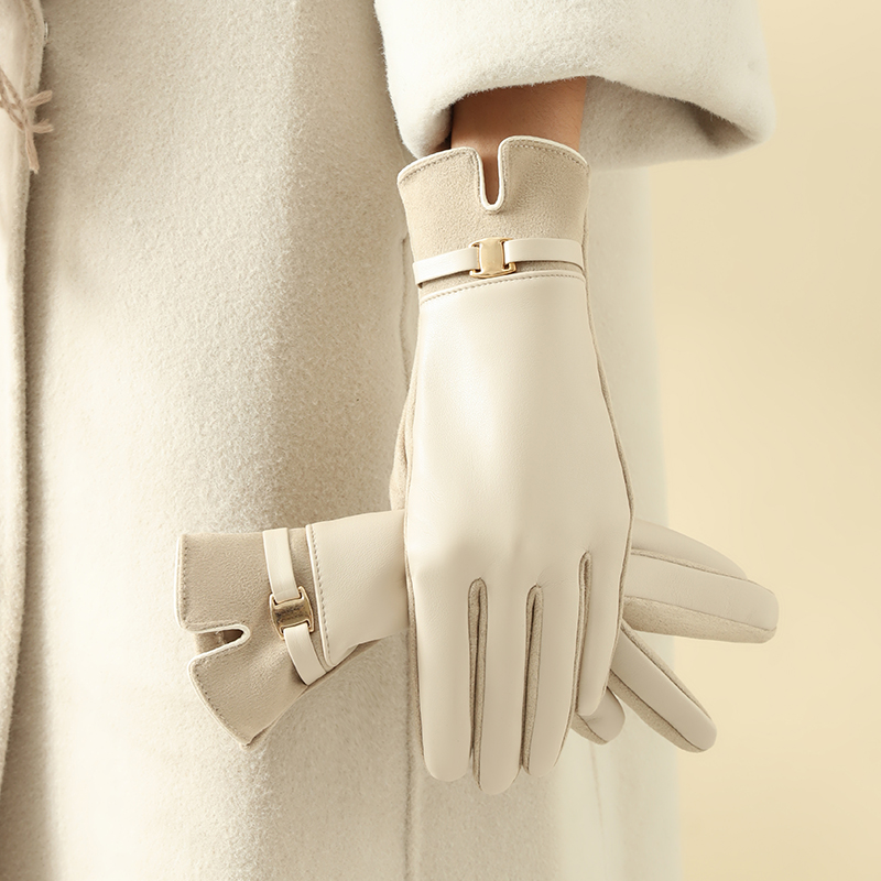 Leather Driving Glove - ถุงมือ 1 คู่สำหรับผู้หญิงในฤดูหนาว บุด้วยผ้าฟลีซเพื่อความอบอุ่นและหน้าจอสัมผัส ถุงมือขับรถสำหรับปั่นจักรยานที่หรูหราและประณีต
