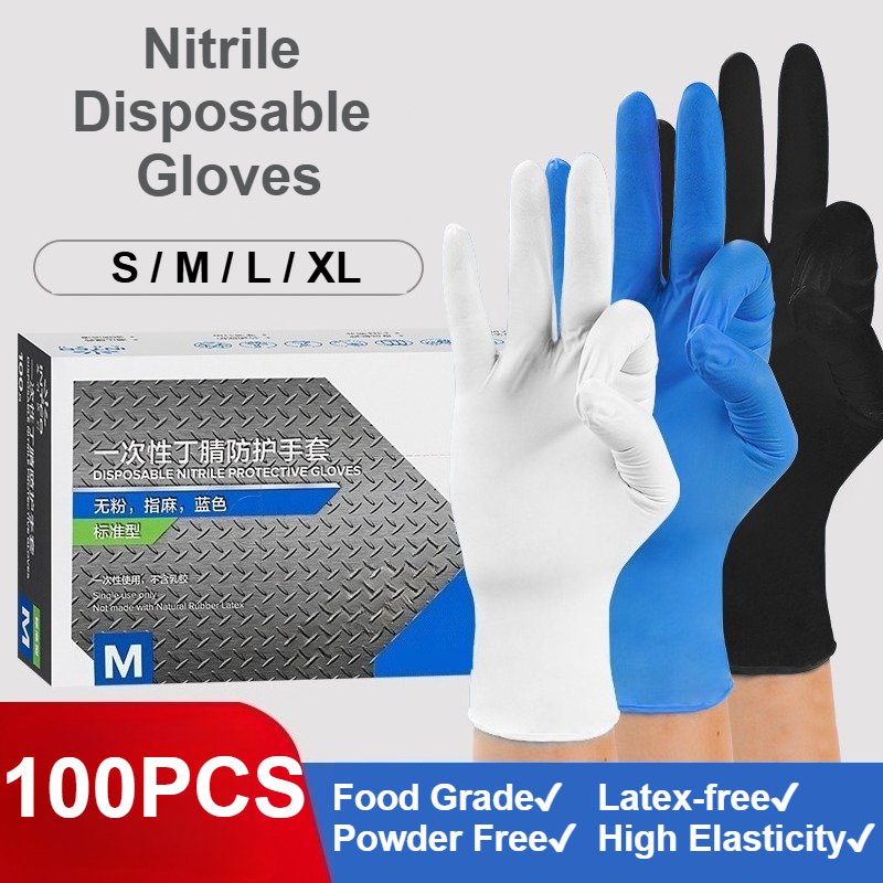 Exam Glove Nitrile - 100 ชิ้นถุงมือไนไตรล์แบบใช้แล้วทิ้งสีดำ/สีขาว/สีฟ้า/สีม่วงปลอดน้ำยางและปลอดแป้งอาหารปลอดภัยเตรียมอาหารถุงมือสอบปกป้องมือ
